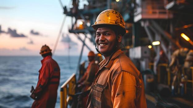 ai generated asian industrial workers in the oil tube station at sea photo ai generated asian industrial workers in the oil tube station at sea photo