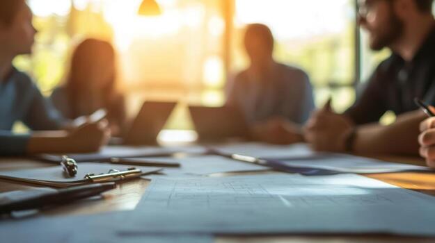 an intimate view of a team meeting in a factory setting with blueprints spread out on a table where engineers and managers discuss strategies for reducing supply chain vulnerabilities photo an intimate view of a team meeting in a factory setting with blueprints spread out on a table where engineers and managers discuss strategies for reducing supply chain vulnerabilities photo